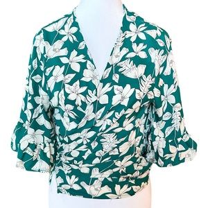 True Destiny Green & White Tropical Floral Wrap Shirt with Tie Size Large